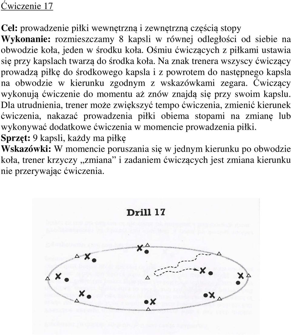 Na znak trenera wszyscy ćwiczący prowadzą piłkę do środkowego kapsla i z powrotem do następnego kapsla na obwodzie w kierunku zgodnym z wskazówkami zegara.