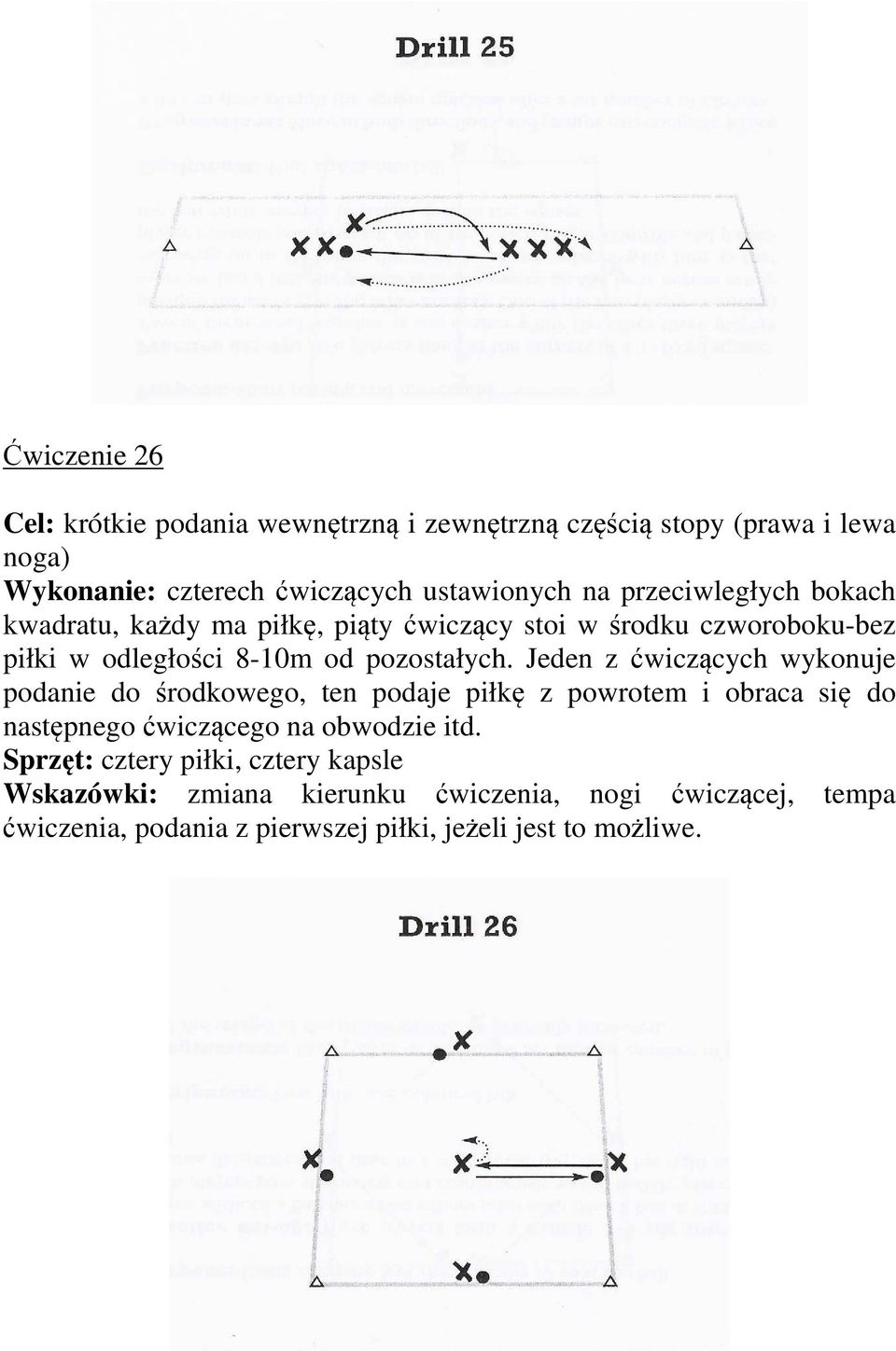 Jeden z ćwiczących wykonuje podanie do środkowego, ten podaje piłkę z powrotem i obraca się do następnego ćwiczącego na obwodzie itd.