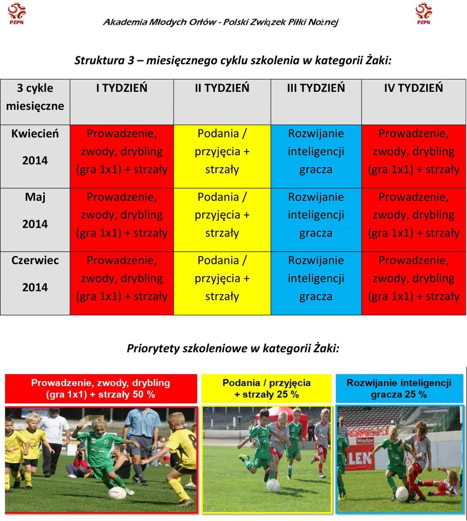 (gra 1x1) + strzały Podania / przyjęcia + strzały Rozwijanie inteligencji gracza Prowadzenie, zwody, drybling (gra 1x1) + strzały Czerwiec 2014 Prowadzenie, zwody,