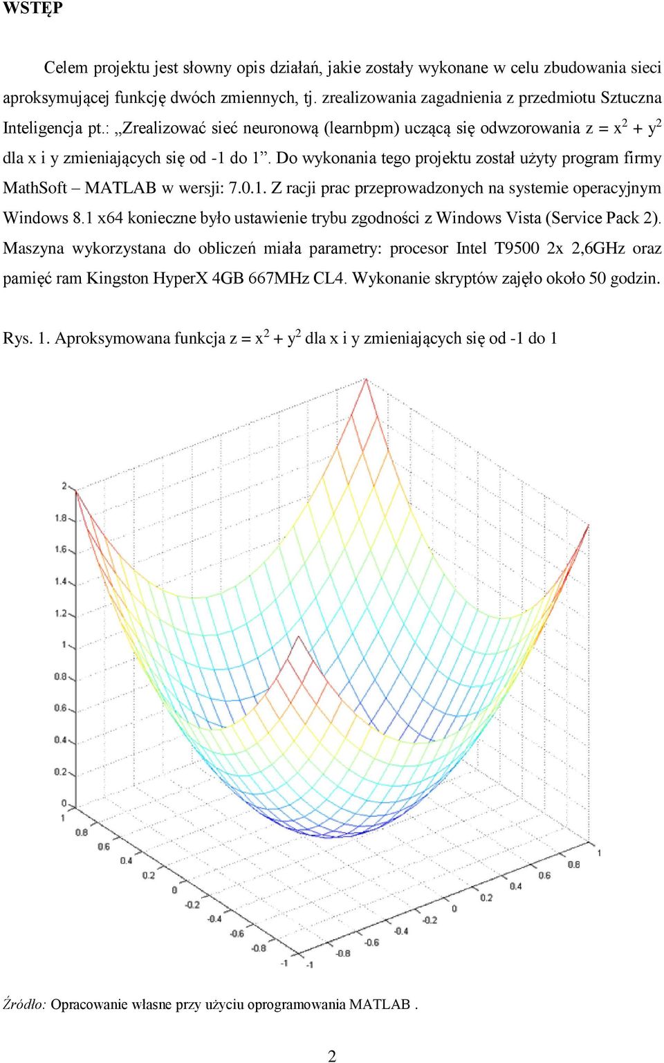 Do wykonania tego projektu został użyty program firmy MathSoft MATLAB w wersji: 7.0.1. Z racji prac przeprowadzonych na systemie operacyjnym Windows 8.