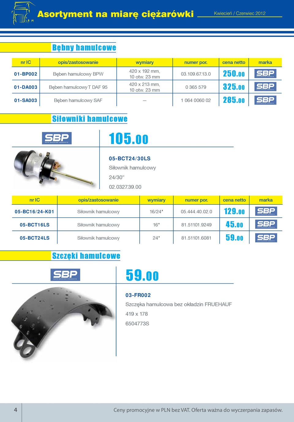 00 01-SA003 Bêben hamulcowy SAF 1 064 0060 02 285.00 Siłowniki hamulcowe 105.00 05-BCT24/30LS Si³ownik hamulcowy 24/30 02.0327.39.00 nr IC opis/zastosowanie wymiary numer por.