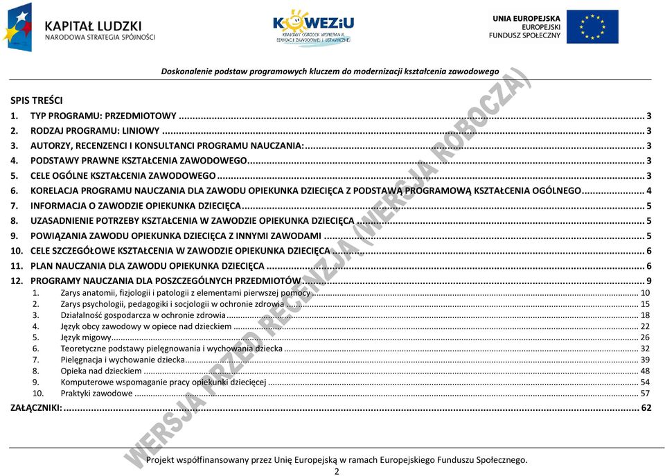 UZASADNIENIE OTRZEBY KSZTAŁENIA W ZAWODZIE OIEKUNKA DZIEIĘA... 5 9. OWIĄZANIA ZAWODU OIEKUNKA DZIEIĘA Z INNYMI ZAWODAMI... 5 10. ELE SZZEGÓŁOWE KSZTAŁENIA W ZAWODZIE OIEKUNKA DZIEIĘA... 6 11.