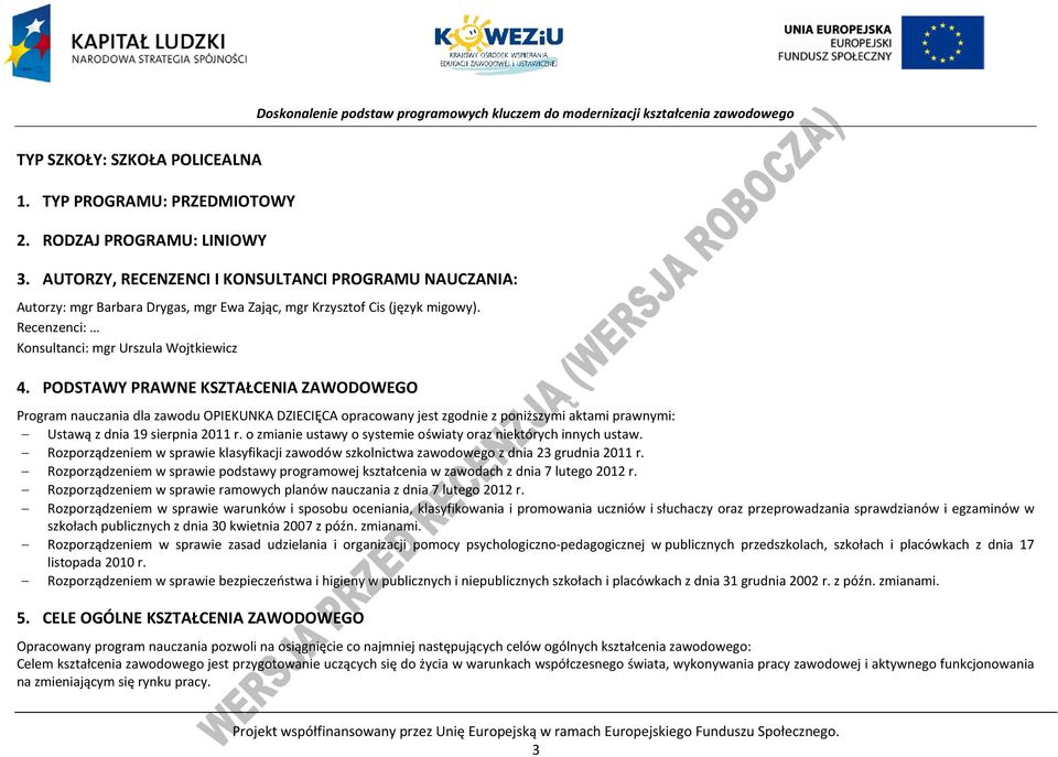 ODSTAWY RAWNE KSZTAŁENIA ZAWODOWEGO rogram nauczania dla zawodu OIEKUNKA DZIEIĘA opracowany jest zgodnie z poniższymi aktami prawnymi: Ustawą z dnia 19 sierpnia 2011 r.