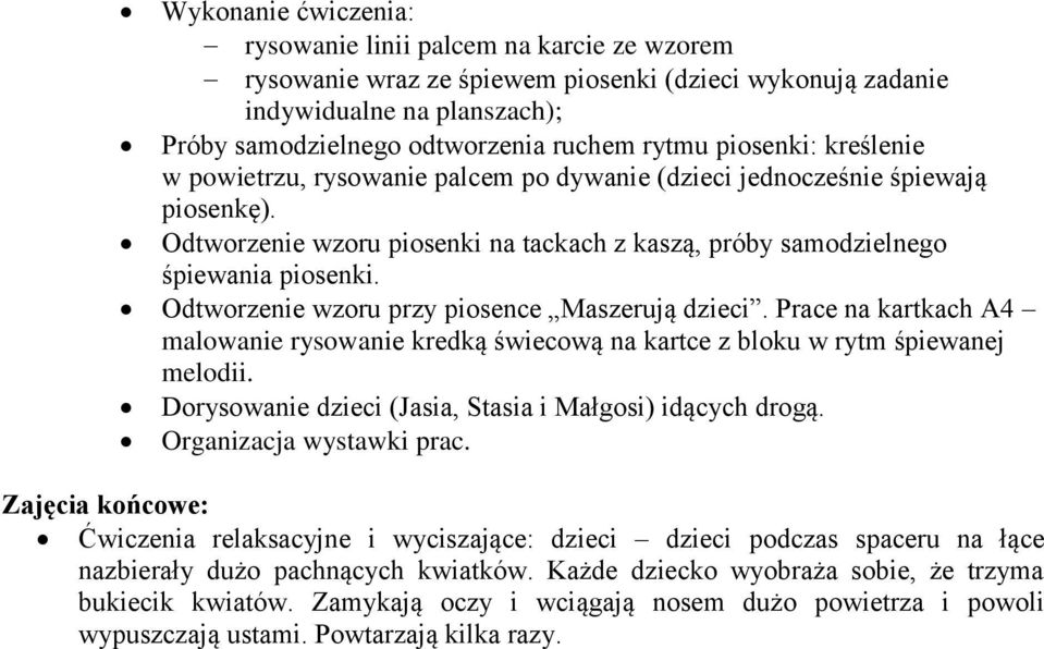 Odtworzenie wzoru przy piosence Maszerują dzieci. Prace na kartkach A4 malowanie rysowanie kredką świecową na kartce z bloku w rytm śpiewanej melodii.