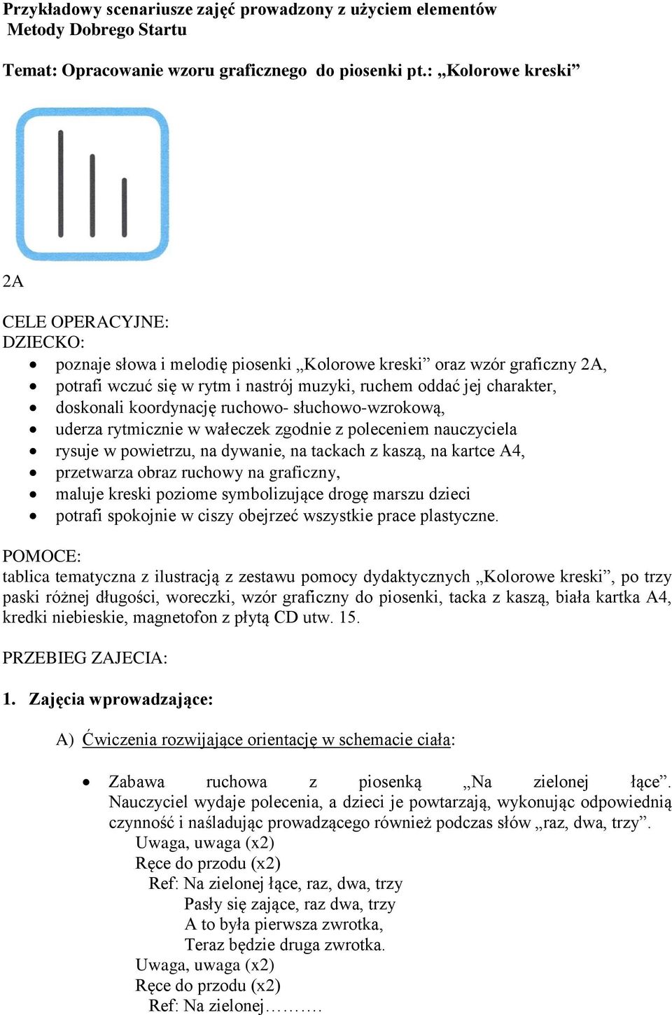 doskonali koordynację ruchowo- słuchowo-wzrokową, uderza rytmicznie w wałeczek zgodnie z poleceniem nauczyciela rysuje w powietrzu, na dywanie, na tackach z kaszą, na kartce A4, przetwarza obraz