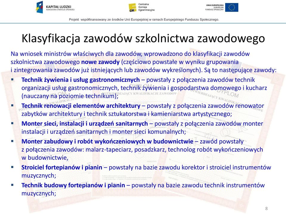 Są to następujące zawody: Technik żywienia i usług gastronomicznych powstały z połączenia zawodów technik organizacji usług gastronomicznych, technik żywienia i gospodarstwa domowego i kucharz