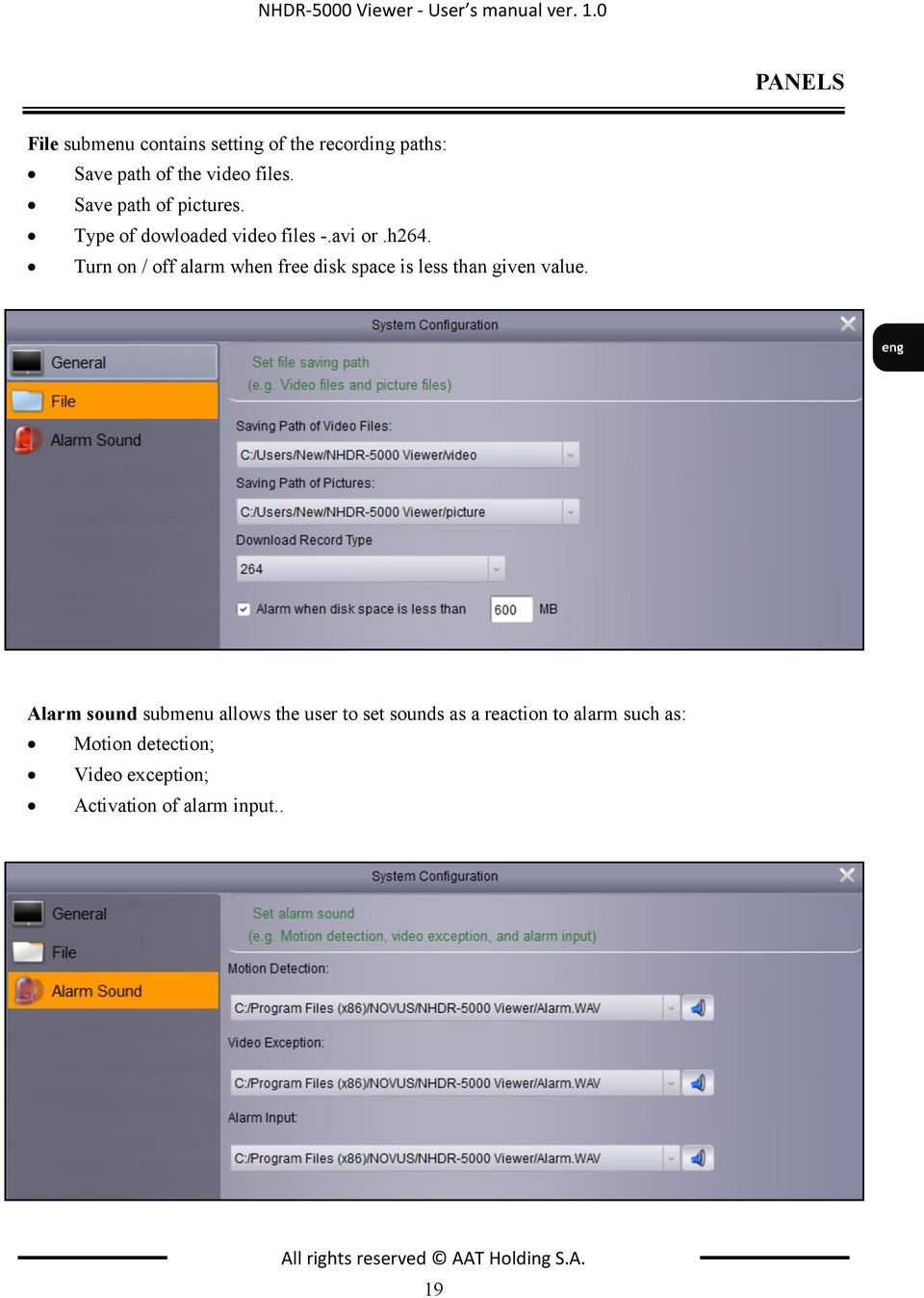 Save path of pictures. Type of dowloaded video files -.avi or.h264.