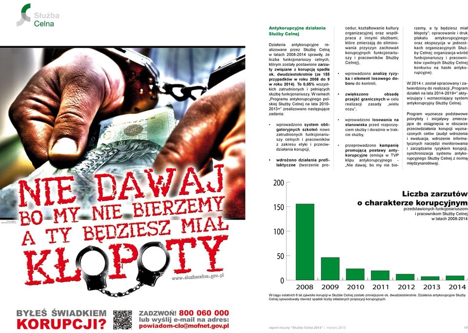 W ramach Programu antykorupcyjnego polskiej Służby Celnej na lata 2010-2013+ zrealizowano następujące zadania: wprowadzono system obligatoryjnych szkoleń nowo zatrudnionych funkcjonariuszy celnych i