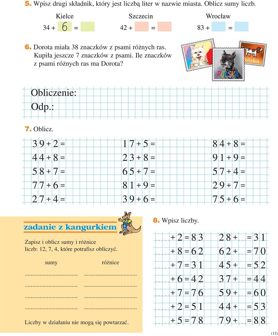 Ile znaczków z psami różnych ras ma Dorota? 7. Oblicz. 8. Wpisz liczby.