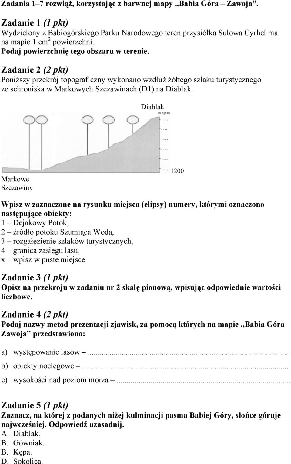 Diablak Markowe Szczawiny 1200 Wpisz w zaznaczone na rysunku miejsca (elipsy) numery, którymi oznaczono następujące obiekty: 1 Dejakowy Potok, 2 źródło potoku Szumiąca Woda, 3 rozgałęzienie szlaków