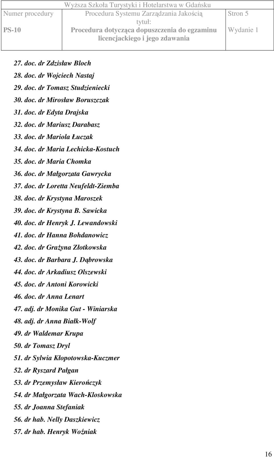 Lewandowski 41. doc. dr Hanna Bohdanowicz 42. doc. dr Grażyna Złotkowska 43. doc. dr Barbara J. Dąbrowska 44. doc. dr Arkadiusz Olszewski 45. doc. dr Antoni Korowicki 46. doc. dr Anna Lenart 47. adj.