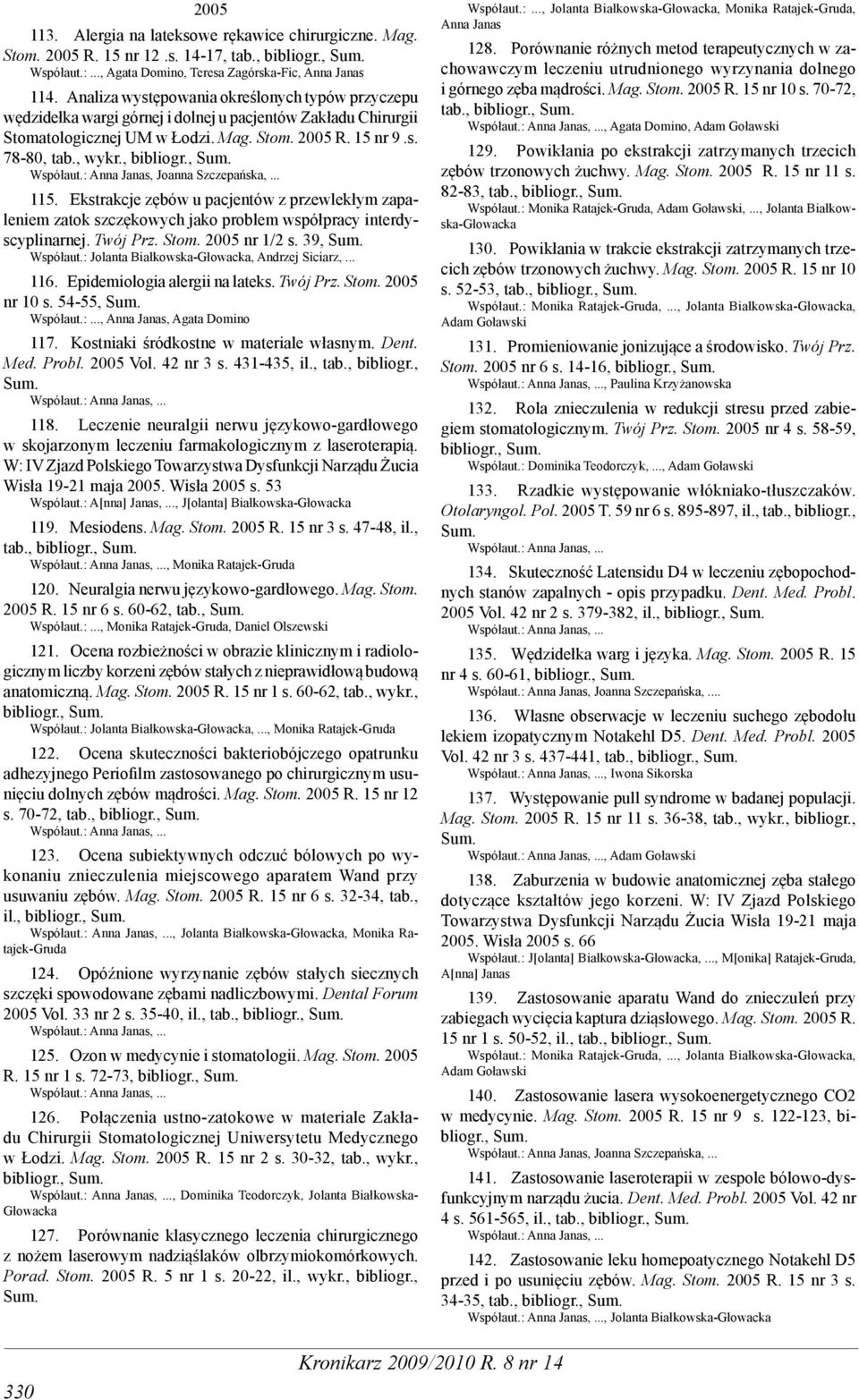 , Współaut.: Anna Janas, Joanna Szczepańska,... 115. Ekstrakcje zębów u pacjentów z przewlekłym zapaleniem zatok szczękowych jako problem współpracy interdyscyplinarnej. Twój Prz. Stom. 2005 nr 1/2 s.