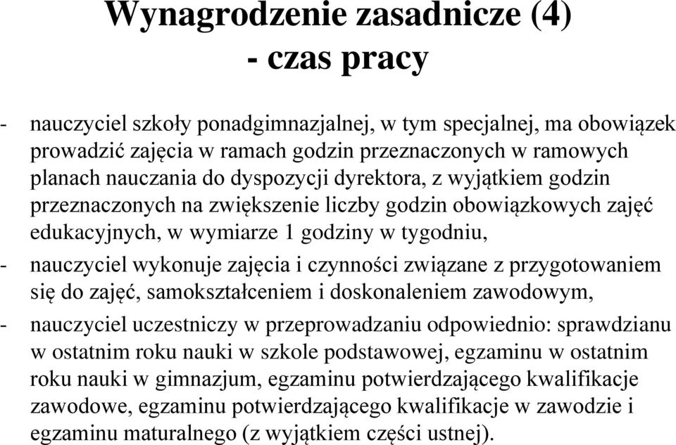 związane z przygotowaniem się do zajęć, samokształceniem i doskonaleniem zawodowym, - nauczyciel uczestniczy w przeprowadzaniu odpowiednio: sprawdzianu w ostatnim roku nauki w szkole