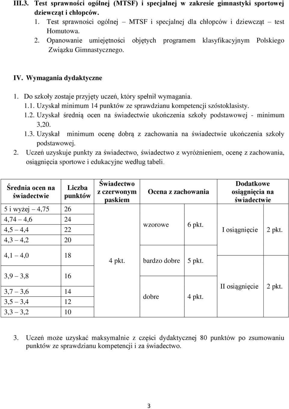 1.2. Uzyskał średnią ocen na świadectwie ukończenia szkoły podstawowej - minimum 3,20. 1.3. Uzyskał minimum ocenę dobrą z zachowania na świadectwie ukończenia szkoły podstawowej. 2.