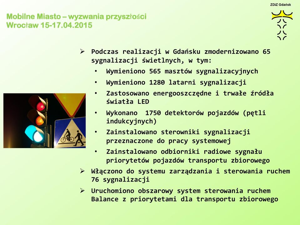 Zainstalowano sterowniki sygnalizacji przeznaczone do pracy systemowej Zainstalowano odbiorniki radiowe sygnału priorytetów pojazdów transportu zbiorowego Ø