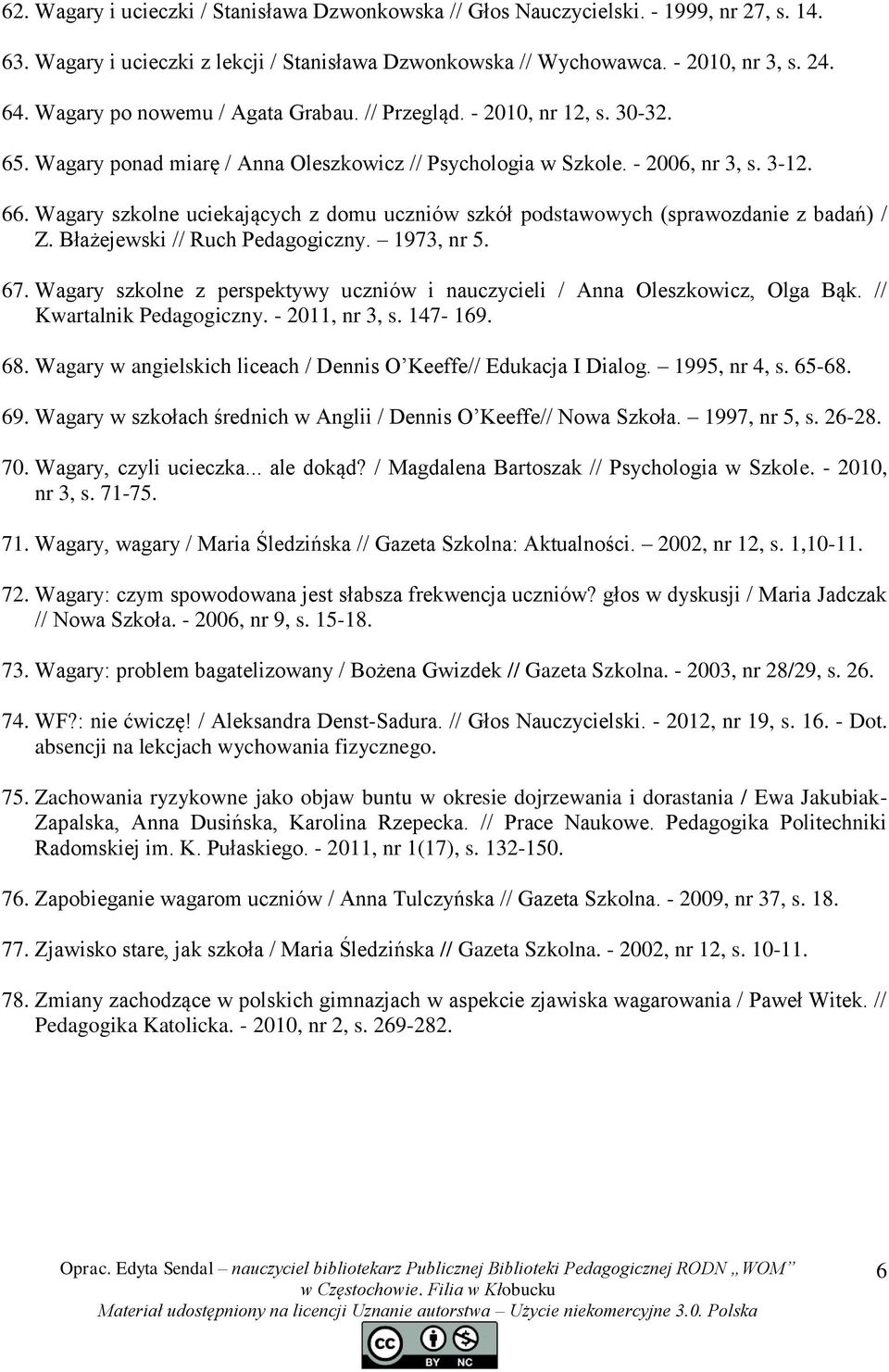Wagary szkolne uciekających z domu uczniów szkół podstawowych (sprawozdanie z badań) / Z. Błażejewski // Ruch Pedagogiczny. 1973, nr 5. 67.