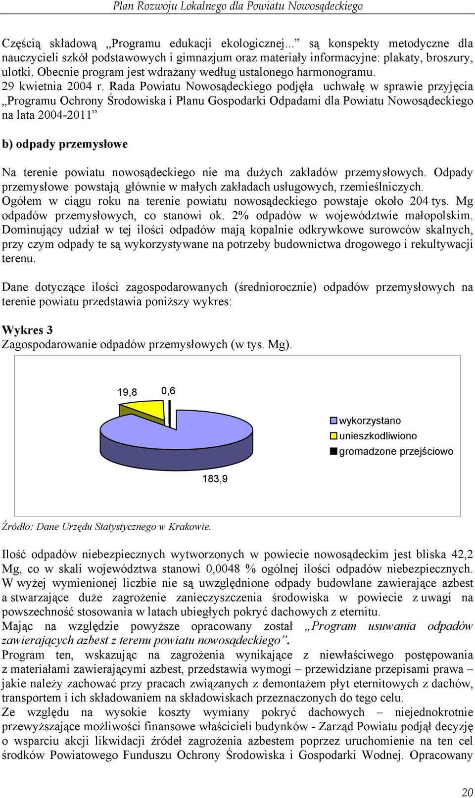 Rada Powiatu Nowosądeckiego podjęła uchwałę w sprawie przyjęcia Programu Ochrony Środowiska i Planu Gospodarki Odpadami dla Powiatu Nowosądeckiego na lata 2004-2011 b) odpady przemysłowe Na terenie