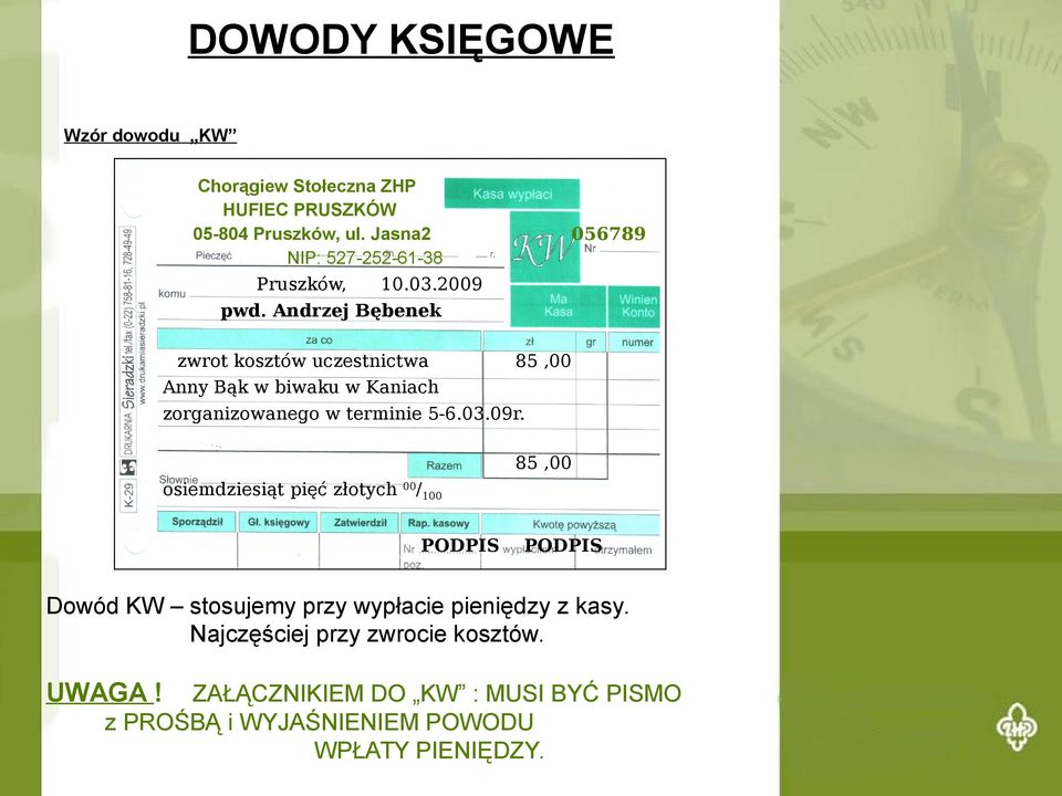 Andrzej Bębenek 056789 zwrot kosztów uczestnictwa 85,00 Anny Bąk w biwaku w Kaniach zorganizowanego w terminie 5-6.03.09r.