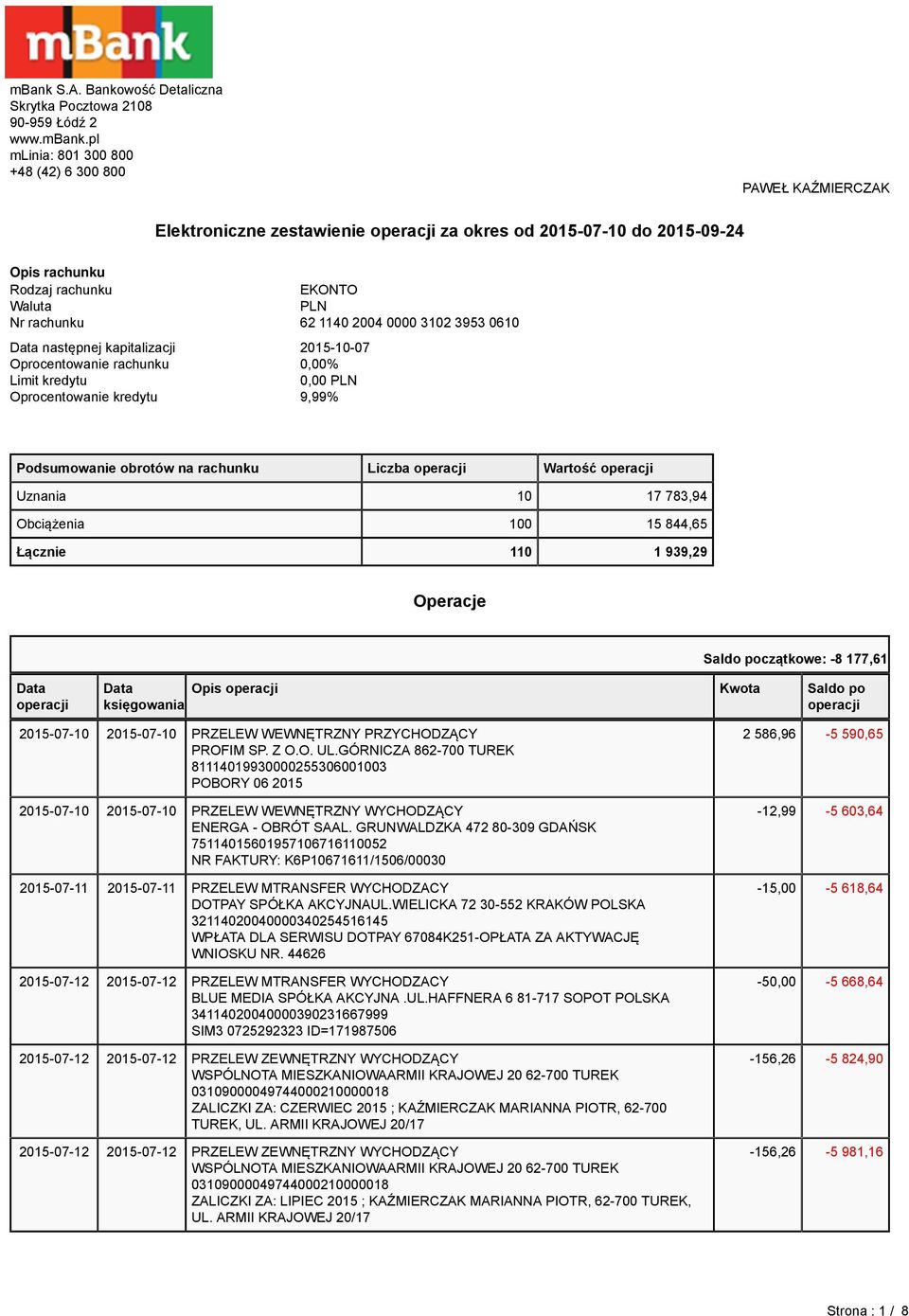 pl mlinia: 801 300 800 +48 (42) 6 300 800 PAWEŁ KAŹMIERCZAK Elektroniczne zestawienie za okres od 2015-07-10 do 2015-09-24 Opis rachunku Rodzaj rachunku EKONTO Waluta PLN Nr rachunku 62 1140 2004