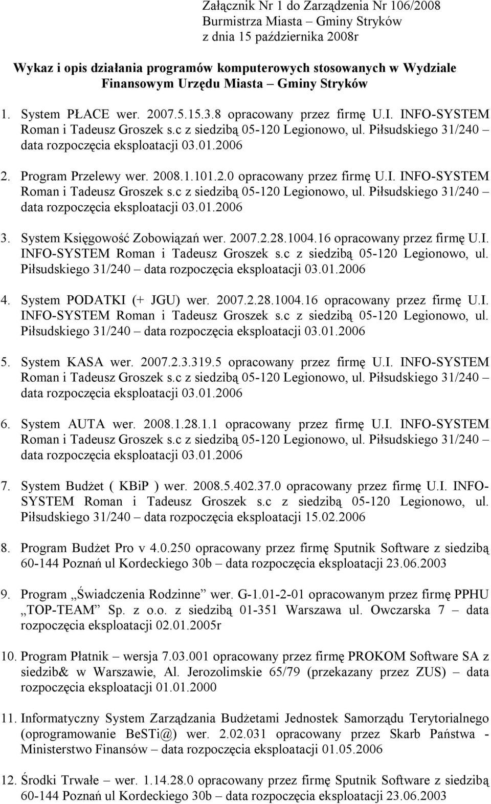 Piłsudskiego 31/240 data rozpoczęcia eksploatacji 03.01.2006 2. Program Przelewy wer. 2008.1.101.2.0 opracowany przez firmę U.I. INFO-SYSTEM Roman i Tadeusz Groszek s.