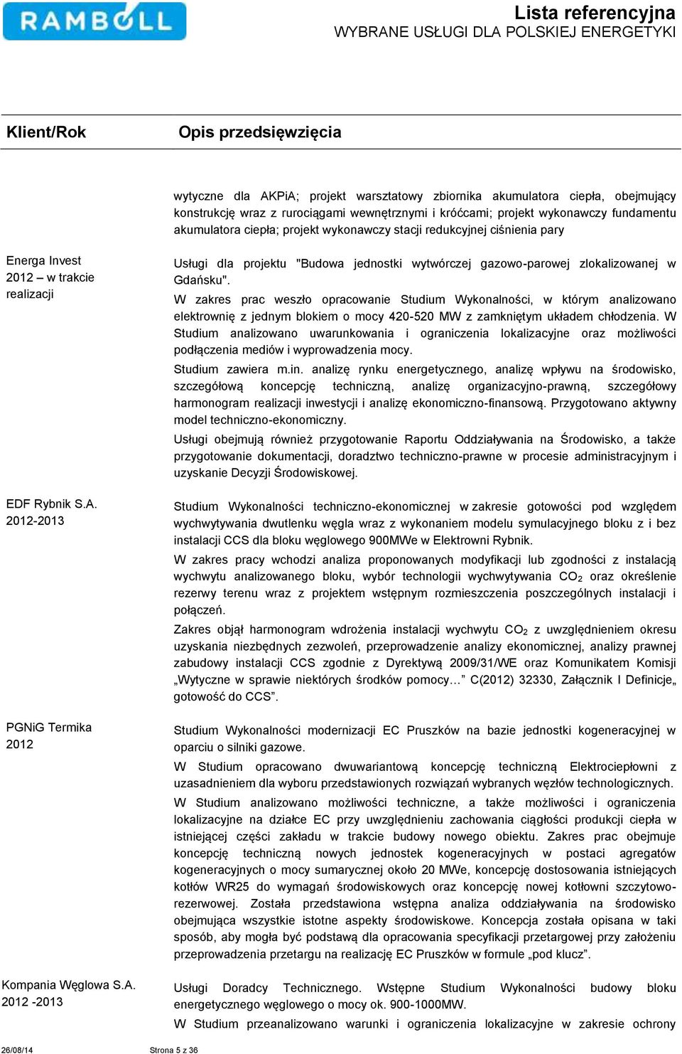 2012-2013 PGNiG Termika 2012 Kompania Węglowa S.A. 2012-2013 Usługi dla projektu "Budowa jednostki wytwórczej gazowo-parowej zlokalizowanej w Gdańsku".