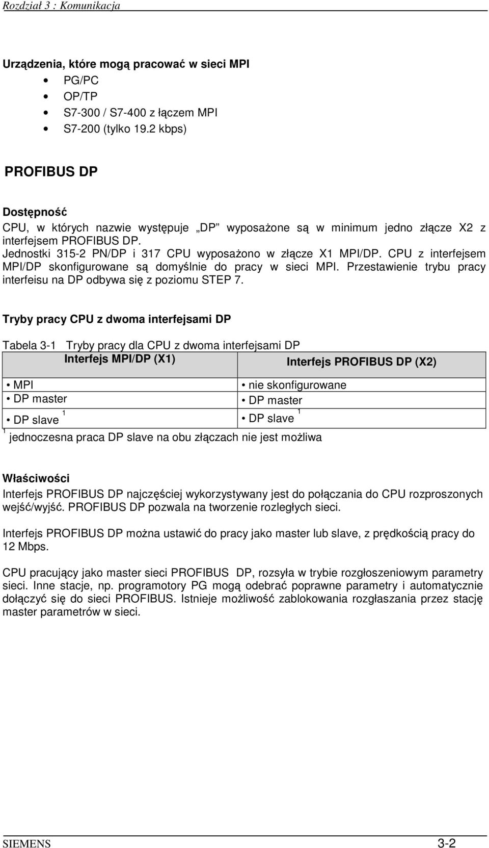 CPU z interfejsem MPI/DP skonfigurowane s domylnie do pracy w sieci MPI. Przestawienie trybu pracy interfeisu na DP odbywa si z poziomu STEP 7.