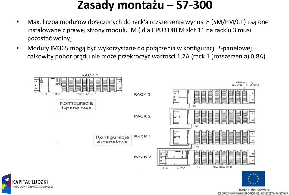 z prawej strony modułu IM ( dla CPU314IFM slot 11 na rack u 3 musi pozostać wolny) Moduły