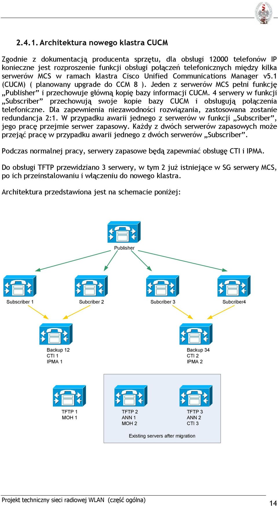 MCS w ramach klastra Cisco Unified Communications Manager v5.1 (CUCM) ( planowany upgrade do CCM 8 ). Jeden z serwerów MCS pełni funkcję Publisher i przechowuje główną kopię bazy informacji CUCM.