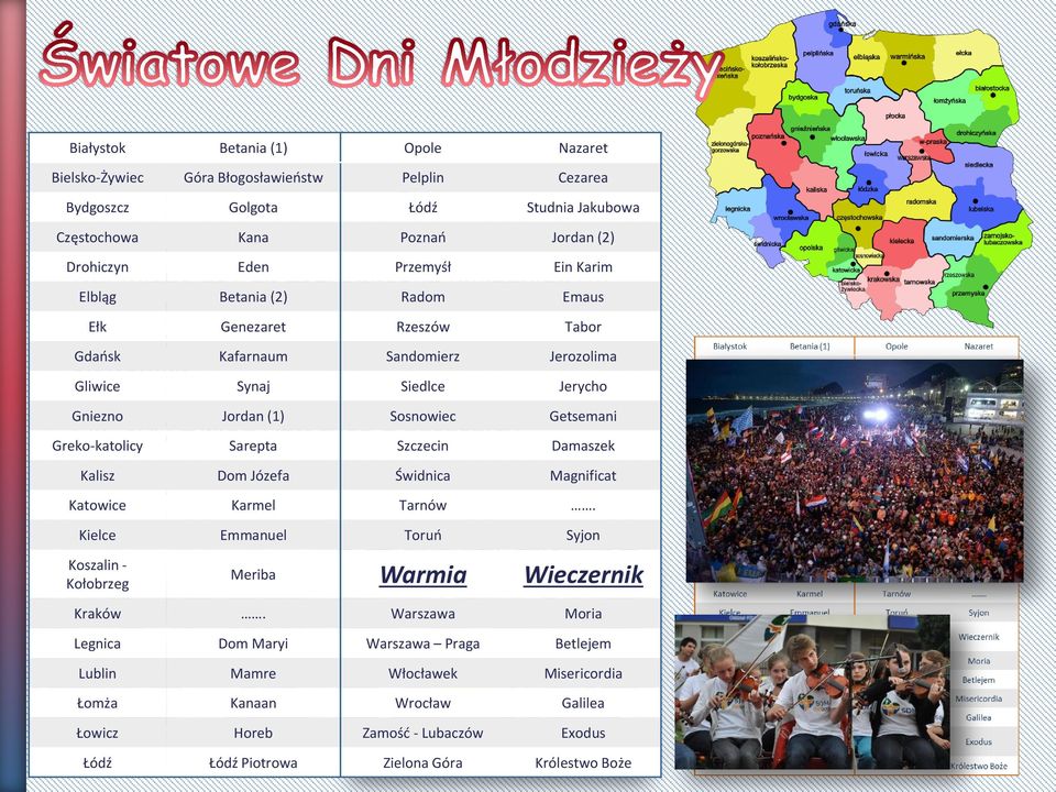 Jerozolima spotkania. Częstochowa Kana Poznań Jordan (2) Drohiczyn Eden Przemyśł Ein Karim Gliwice Synaj Siedlce Jerycho Gniezno Jordan (1) Sosnowiec Getsemani Ok.