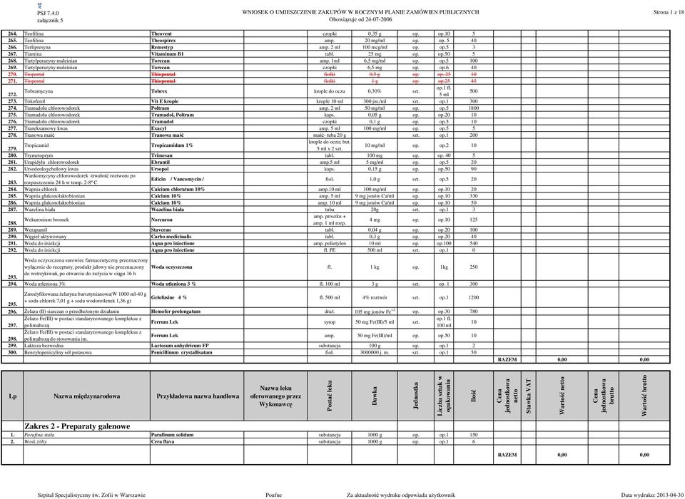 Tiopental Thiopental fiolki 1 g op. op.25 45 op.1 fl. Tobramycyna Tobrex krople do oczu 0,30% szt. 272. 5 ml 500 273. Tokoferol Vit E krople krople 10 ml 300 jm./ml szt. op.1 300 274.