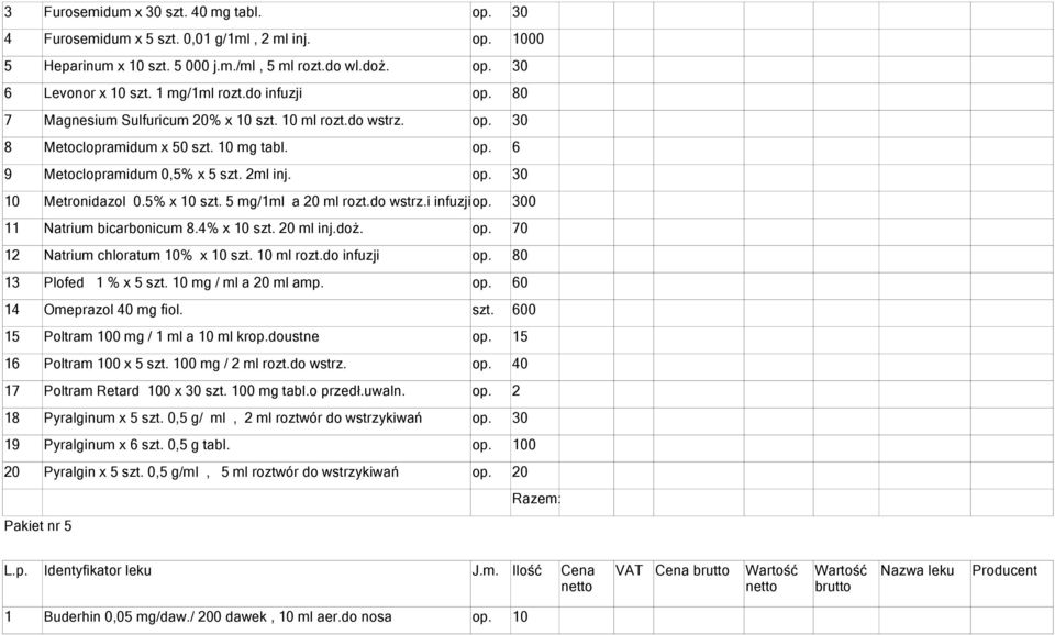 5 mg/1ml a 20 ml rozt.do wstrz.i infuzji0 11 Natrium bicarbonicum 8.4% x 10 szt. 20 ml inj.doż. op. 70 12 Natrium chloratum 10% x 10 szt. 10 ml rozt.do infuzji op. 80 13 Plofed 1 % x 5 szt.