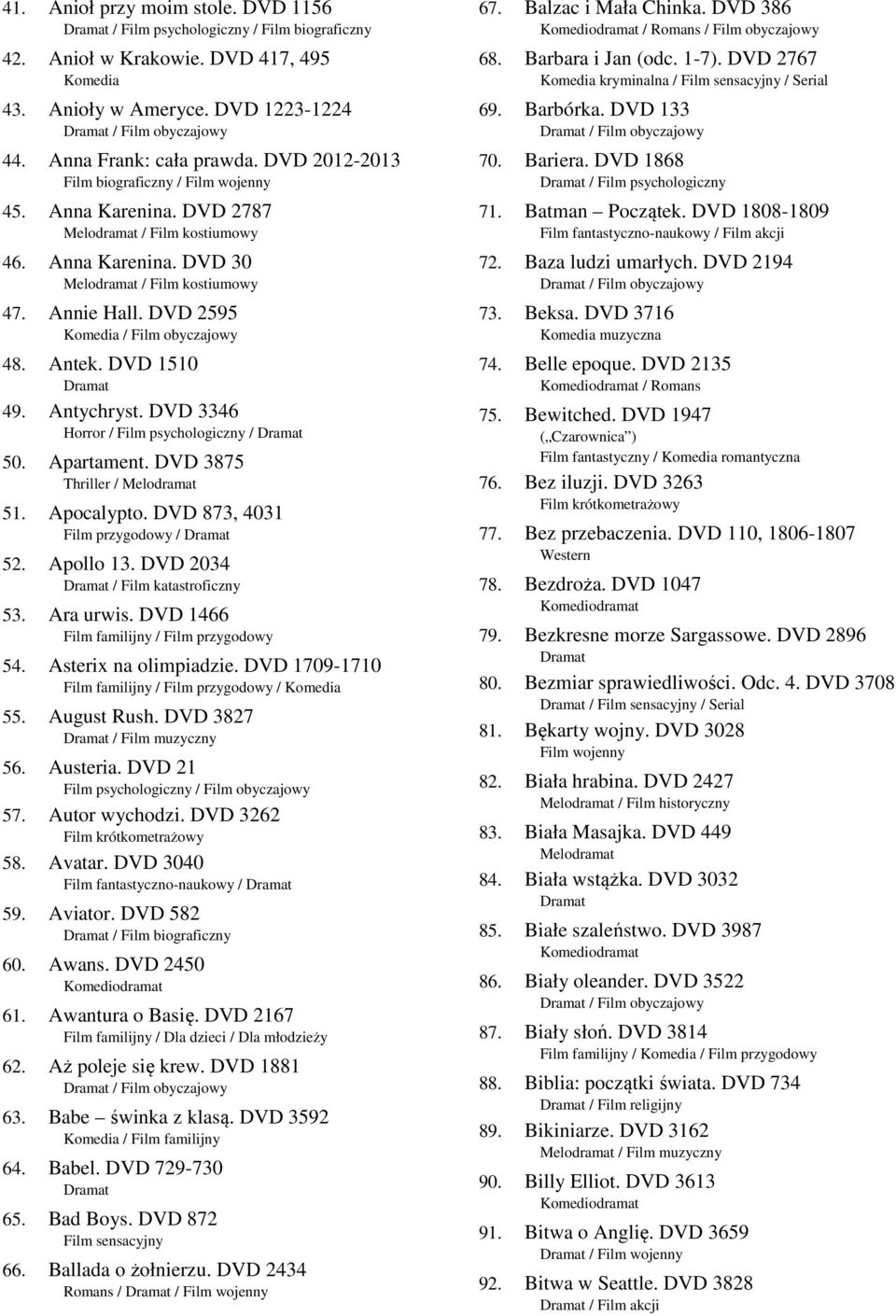 DVD 3346 Horror / Film psychologiczny / 50. Apartament. DVD 3875 / 51. Apocalypto. DVD 873, 4031 Film przygodowy / 52. Apollo 13. DVD 2034 / Film katastroficzny 53. Ara urwis.