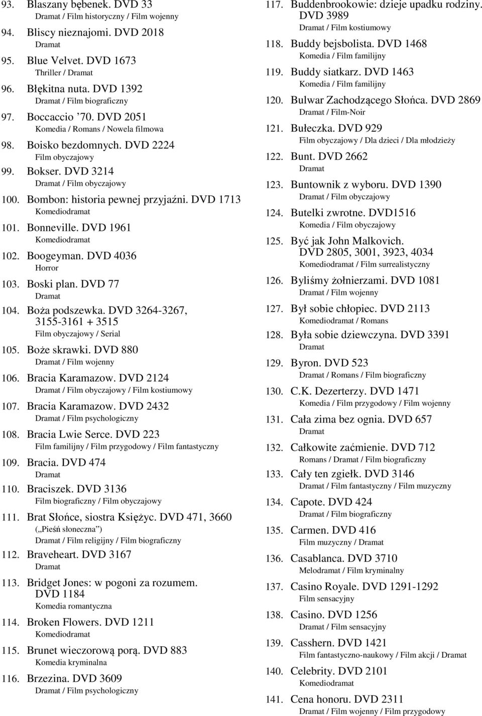 DVD 4036 Horror 103. Boski plan. DVD 77 104. Boża podszewka. DVD 3264-3267, 3155-3161 + 3515 / Serial 105. Boże skrawki. DVD 880 / Film wojenny 106. Bracia Karamazow. DVD 2124 / / Film kostiumowy 107.