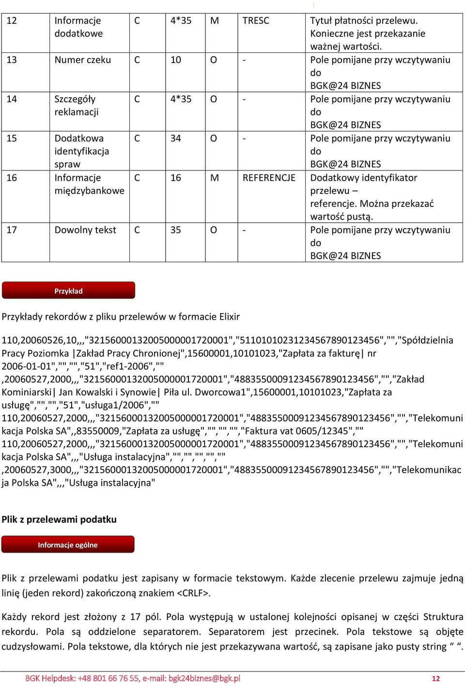 do BGK@24 BIZNES C 34 O - Pole pomijane przy wczytywaniu do BGK@24 BIZNES C 16 M REFERENCJE Dodatkowy identyfikator przelewu referencje. Można przekazać wartość pustą.