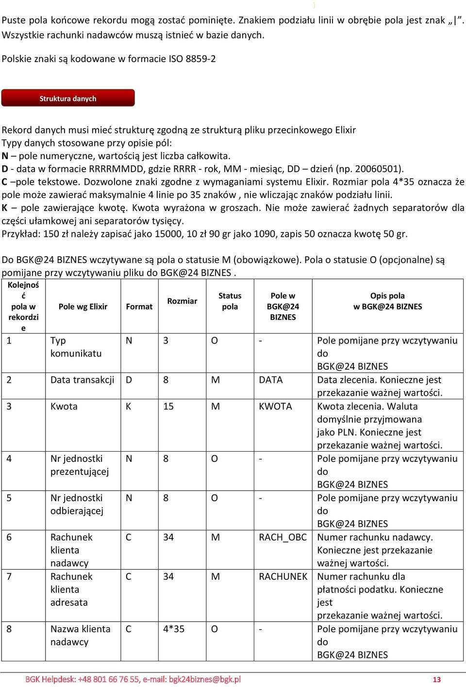 jest liczba całkowita. D - data w formacie RRRRMMDD, gdzie RRRR - rok, MM - miesiąc, DD dzień (np. 20060501). C pole tekstowe. Dozwolone znaki zgodne z wymaganiami systemu Elixir.