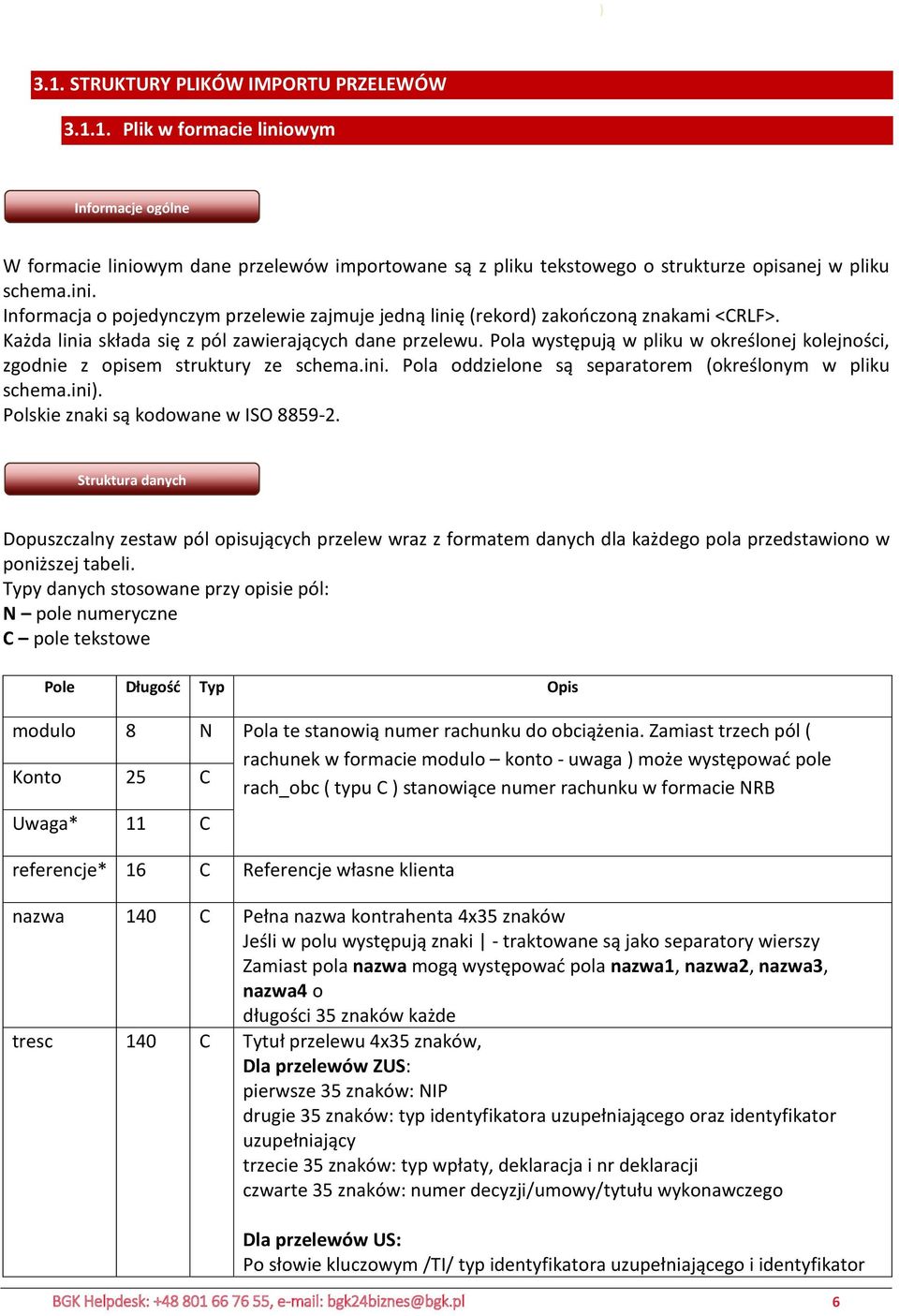 ini). Polskie znaki są kodowane w ISO 8859-2. Dopuszczalny zestaw pól opisujących przelew wraz z formatem danych dla każdego pola przedstawiono w poniższej tabeli.