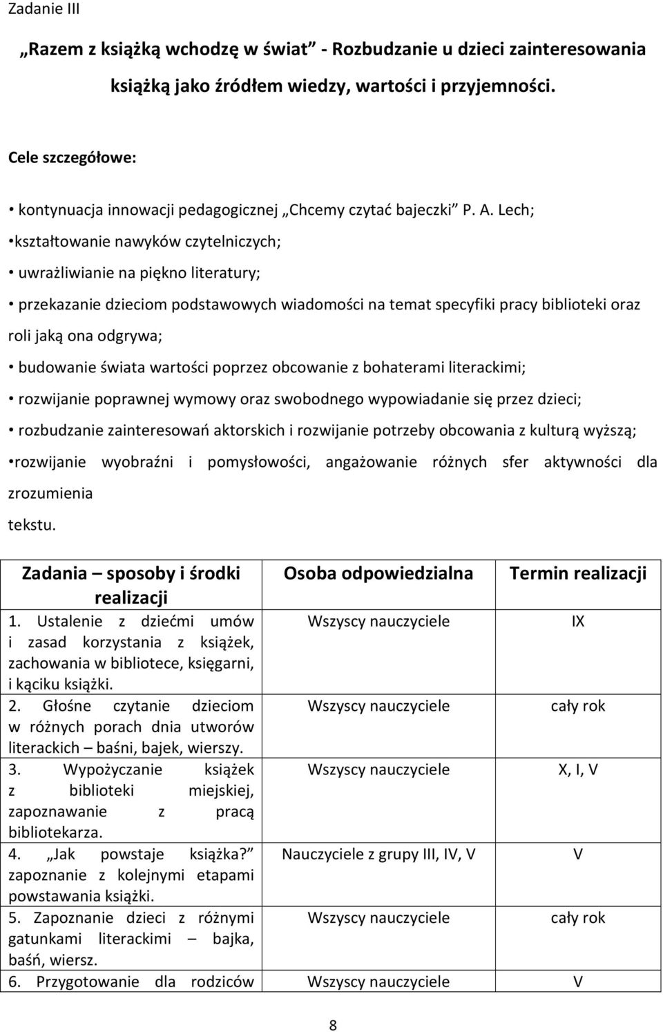 Lech; kształtowanie nawyków czytelniczych; uwrażliwianie na piękno literatury; przekazanie dzieciom podstawowych wiadomości na temat specyfiki pracy biblioteki oraz roli jaką ona odgrywa; budowanie