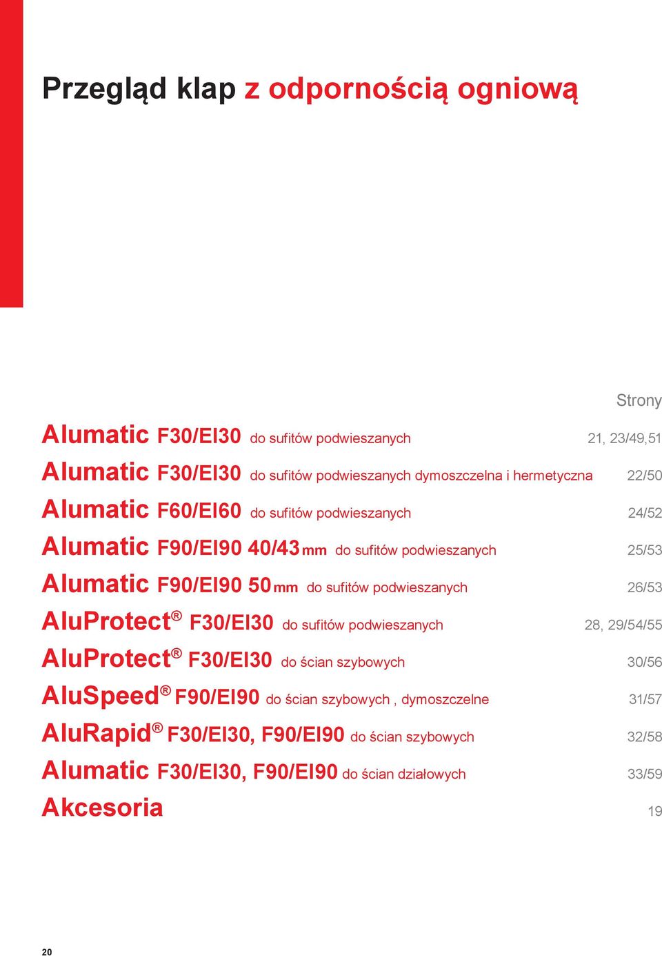 sufitów podwieszanych 26/53 AluProtect F30/EI30 do sufitów podwieszanych 28, 29/54/55 AluProtect F30/EI30 do ścian szybowych 30/56 AluSpeed F90/EI90 do