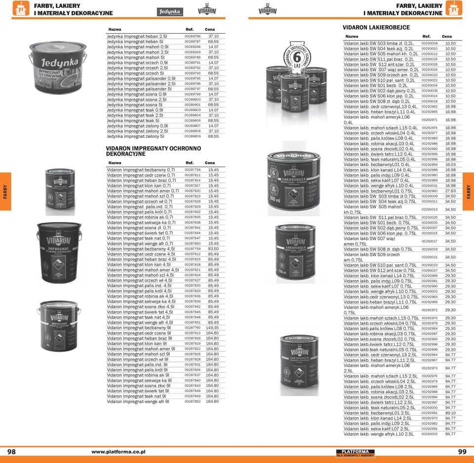 00289795 14,07 Jedynka Impregnat palisander 00289796 37,10 Jedynka Impregnat palisander 5l 00289797 68,55 Jedynka Impregnat sosna 0,9l 00289799 14,07 Jedynka Impregnat sosna 00289800 37,10 Jedynka