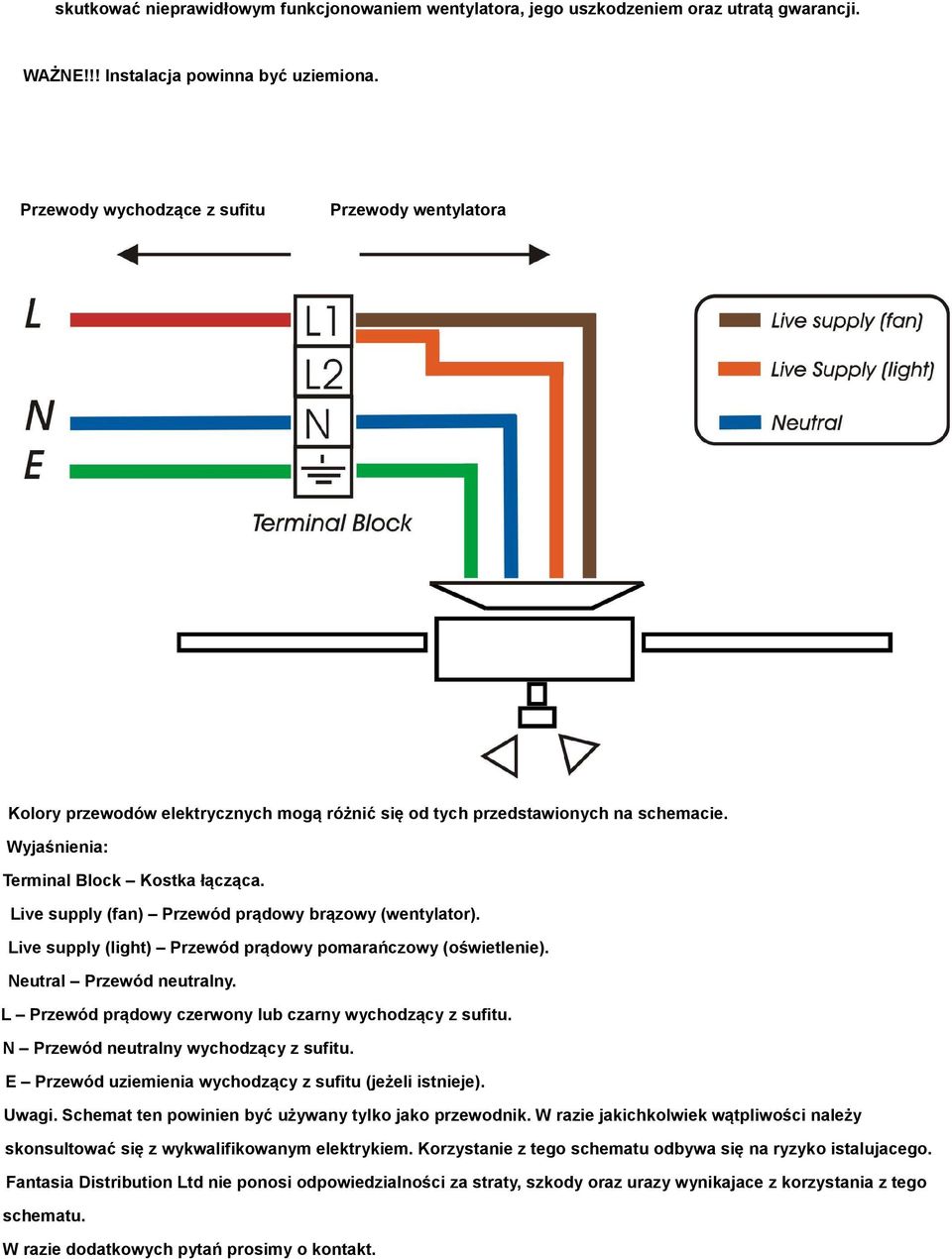 Live supply (fan) Przewód prądowy brązowy (wentylator). Live supply (light) Przewód prądowy pomarańczowy (oświetlenie). Neutral Przewód neutralny.