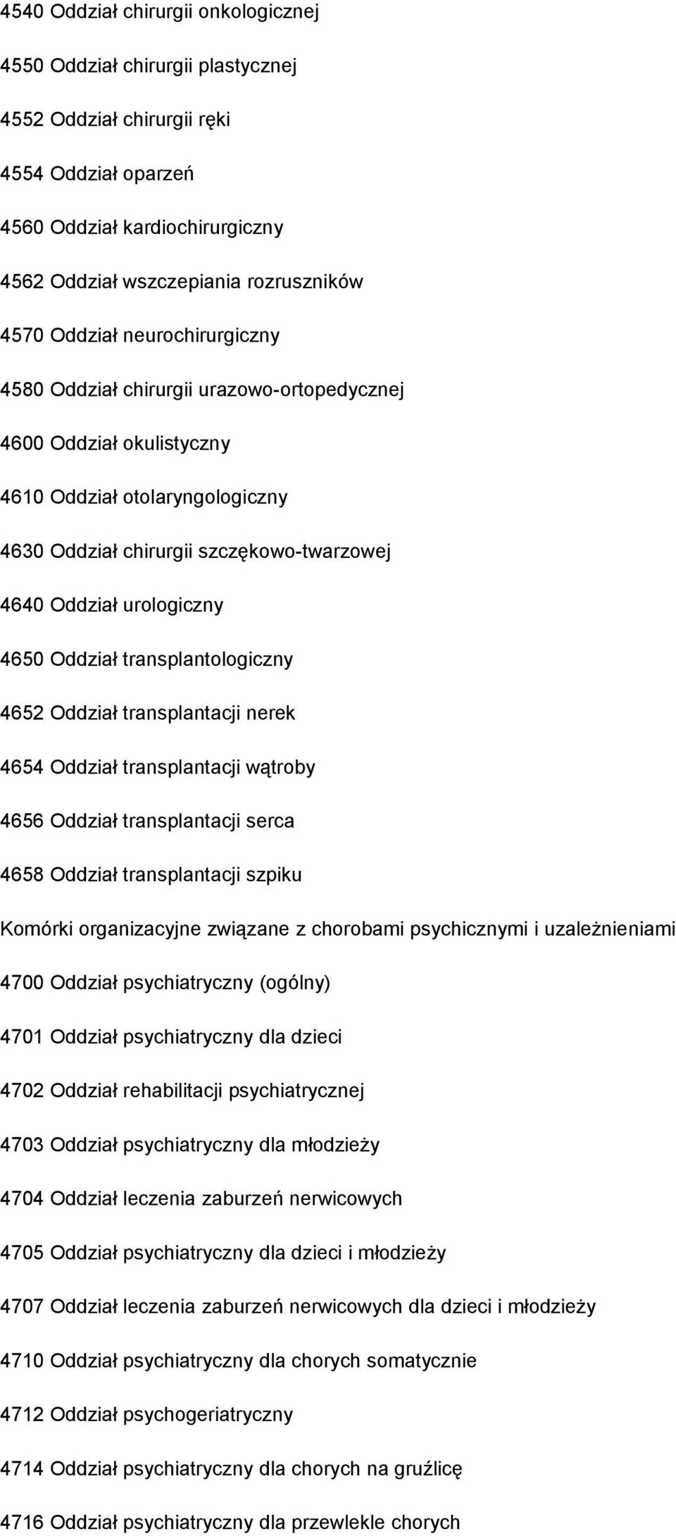 4650 Oddział transplantologiczny 4652 Oddział transplantacji nerek 4654 Oddział transplantacji wątroby 4656 Oddział transplantacji serca 4658 Oddział transplantacji szpiku Komórki organizacyjne