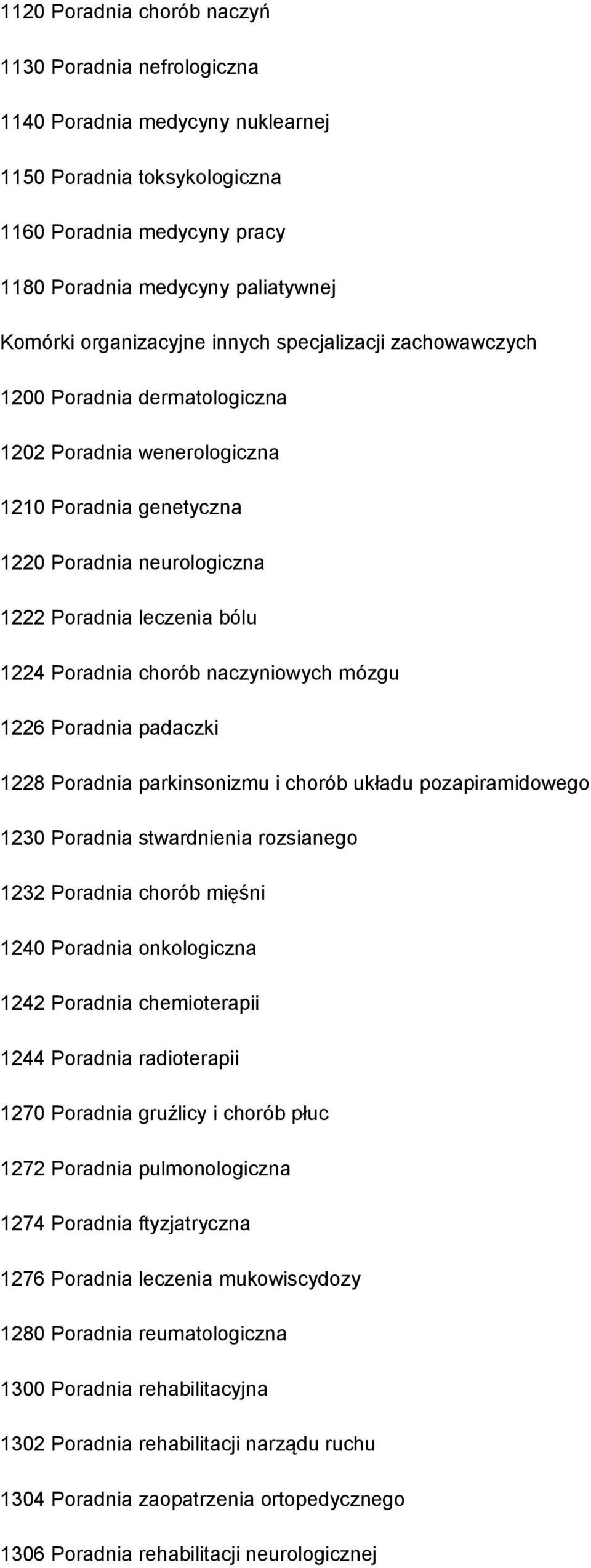 Poradnia chorób naczyniowych mózgu 1226 Poradnia padaczki 1228 Poradnia parkinsonizmu i chorób układu pozapiramidowego 1230 Poradnia stwardnienia rozsianego 1232 Poradnia chorób mięśni 1240 Poradnia