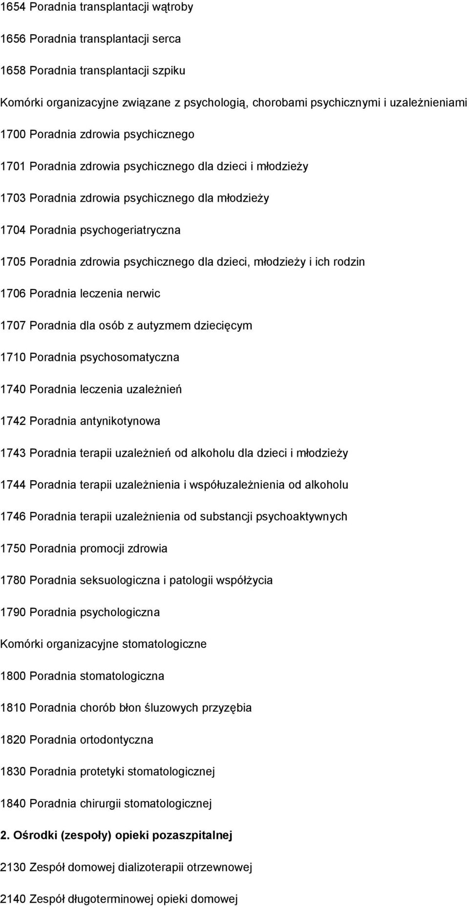 psychicznego dla dzieci, młodzieży i ich rodzin 1706 Poradnia leczenia nerwic 1707 Poradnia dla osób z autyzmem dziecięcym 1710 Poradnia psychosomatyczna 1740 Poradnia leczenia uzależnień 1742