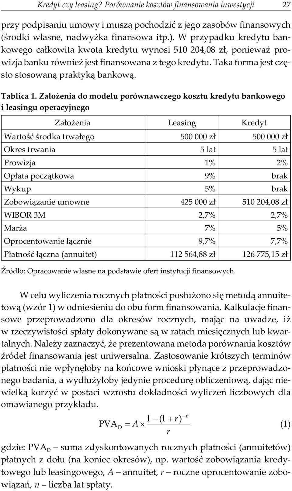 Za³o enia do modelu porównawczego kosztu kredytu bankowego i leasingu operacyjnego Za³o enia Leasing Kredyt Wartoœæ œrodka trwa³ego 500 000 z³ 500 000 z³ Okres trwania 5 lat 5 lat Prowizja 1% 2%