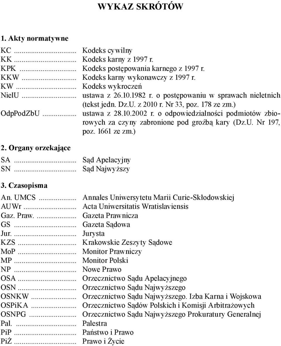 o odpowiedzialności podmiotów zbiorowych za czyny zabronione pod groźbą kary (Dz.U. Nr 197, poz. 1661 ze zm.) 2. Organy orzekające SA... Sąd Apelacyjny SN... Sąd Najwyższy 3. Czasopisma An. UMCS.