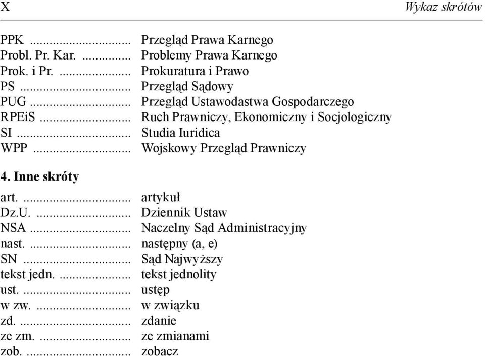 .. Studia Iuridica WPP... Wojskowy Przegląd Prawniczy 4. Inne skróty art.... artykuł Dz.U.... Dziennik Ustaw NSA.