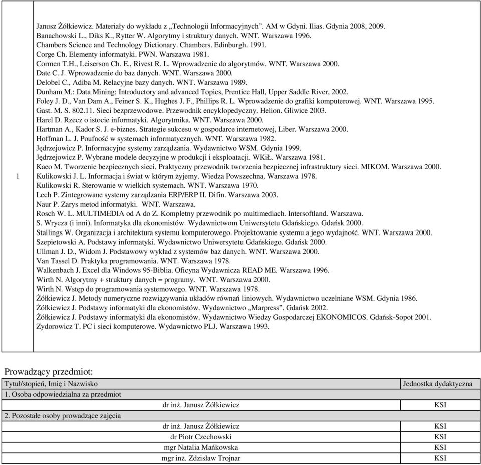 L. Wprowadzenie do algorytmów. WNT. Warszawa 000. Date C. J. Wprowadzenie do baz danych. WNT. Warszawa 000. Delobel C., Adiba M. Relacyjne bazy danych. WNT. Warszawa 989. Dunham M.