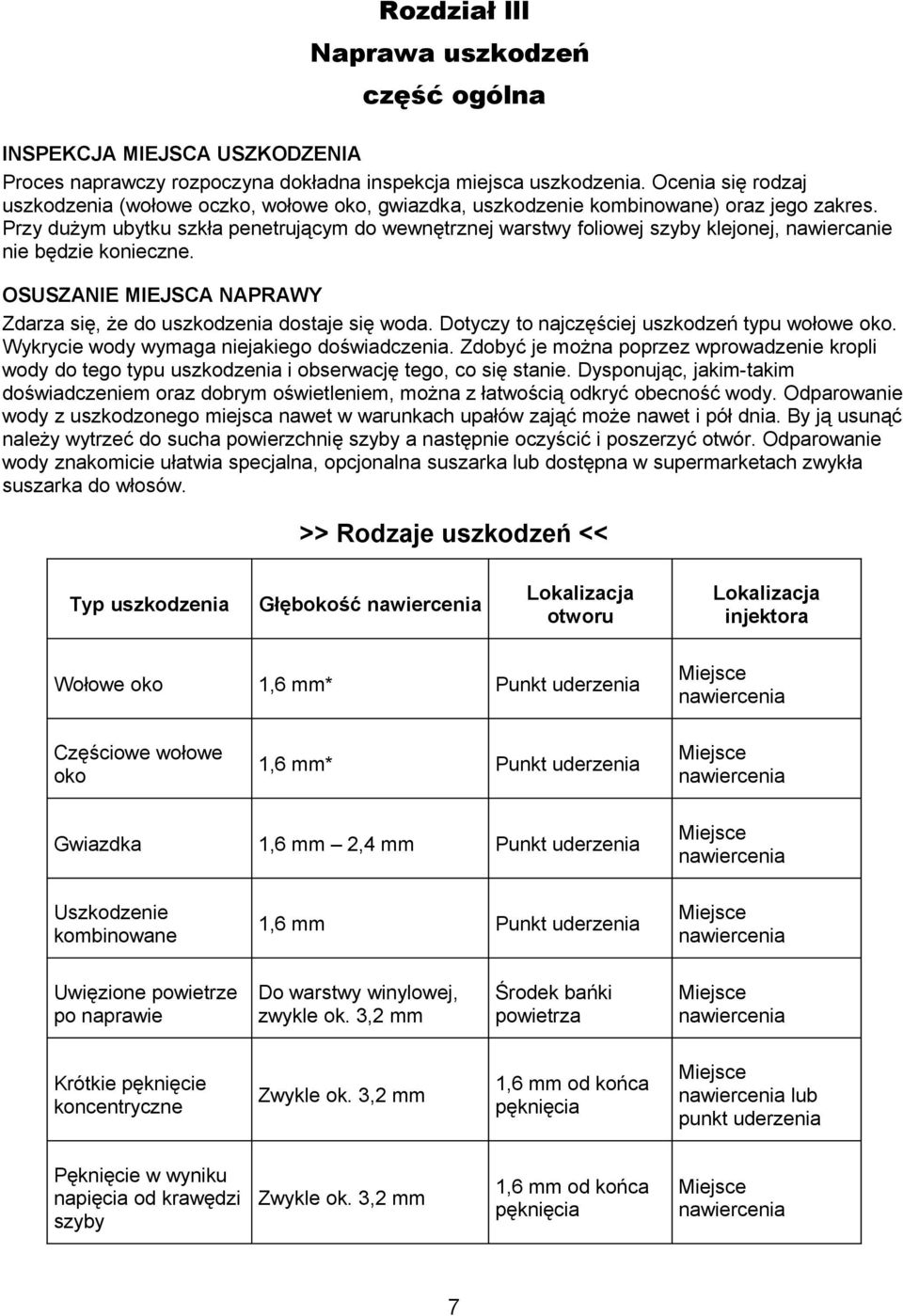 Przy dużym ubytku szkła penetrującym do wewnętrznej warstwy foliowej szyby klejonej, nawiercanie nie będzie konieczne. OSUSZANIE MIEJSCA NAPRAWY Zdarza się, że do uszkodzenia dostaje się woda.