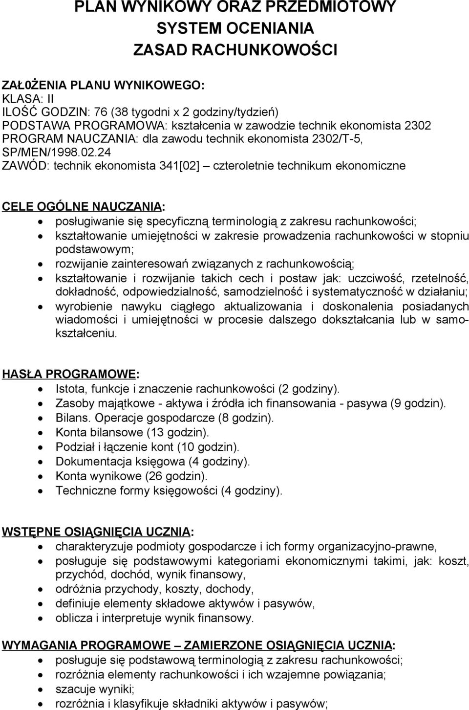 PROGRAM NAUCZANIA: dla zawodu technik ekonomista 2302/