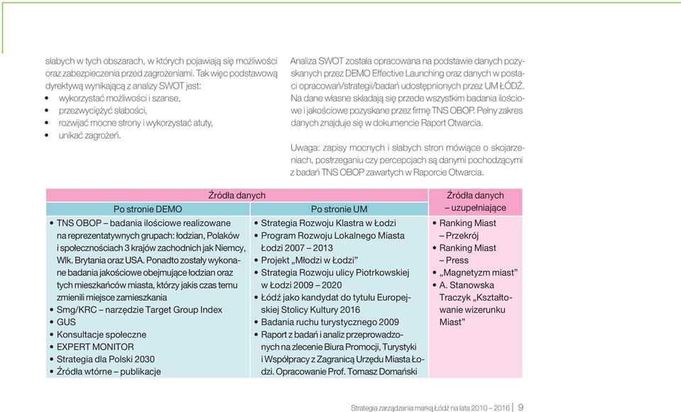 Analiza SWOT została opracowana na podstawie danych pozyskanych przez DEMO Effective Launching oraz danych w postaci opracowań/strategii/badań udostępnionych przez UM ŁÓDŹ.